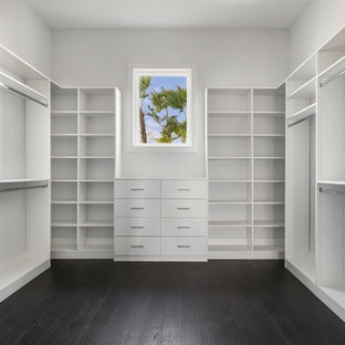 Ispirazione per una grande cabina armadio unisex classica con nessun'anta, ante bianche, parquet scuro e pavimento marrone