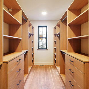 Diseño de armario vestidor unisex, nórdico, grande, con armarios con paneles lisos, puertas de armario de madera oscura, suelo de madera en tonos medios y suelo marrón