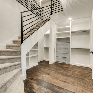 Modelo de armario vestidor unisex, clásico renovado, grande, con armarios con paneles empotrados, puertas de armario grises, suelo de madera en tonos medios y suelo marrón