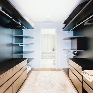 Idee per una grande cabina armadio unisex moderna con ante lisce, ante in legno bruno, pavimento in compensato e pavimento marrone