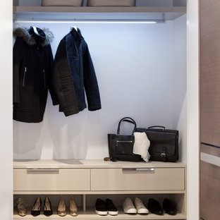 Modelo de armario minimalista, pequeño, con armarios con paneles lisos, puertas de armario beige y suelo de madera clara