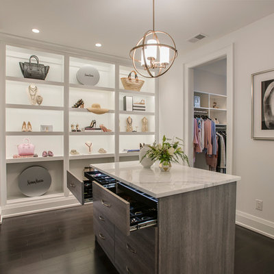 Transitional women's dark wood floor and brown floor dressing room photo in Philadelphia with open cabinets