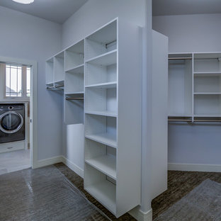 Foto di un'ampia cabina armadio unisex minimal con nessun'anta, ante bianche, moquette e pavimento marrone