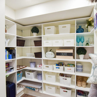 Imagen de armario y vestidor unisex, campestre, de tamaño medio, con armarios con paneles con relieve, puertas de armario blancas, suelo vinílico y suelo beige