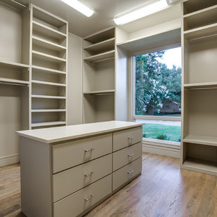 Modelo de armario vestidor unisex, minimalista, grande, con armarios con paneles lisos, puertas de armario beige y suelo de madera clara