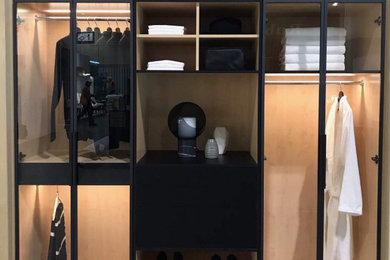 Modelo de armario unisex industrial pequeño con armarios tipo vitrina y puertas de armario de madera oscura