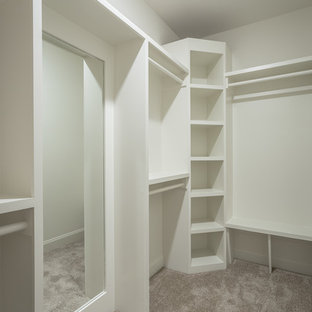 Idéer för mellanstora amerikanska walk-in-closets för könsneutrala, med heltäckningsmatta och beiget golv