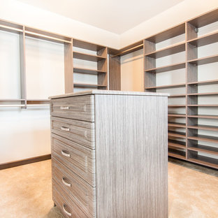 Idee per una cabina armadio unisex stile americano di medie dimensioni con nessun'anta, ante in legno chiaro e moquette