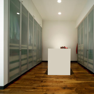 Ejemplo de armario vestidor moderno con suelo de madera en tonos medios y armarios con paneles lisos