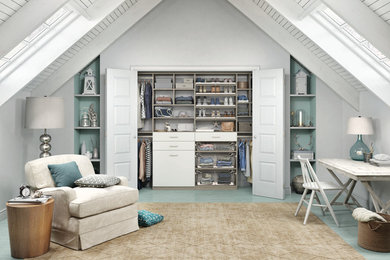 Ejemplo de armario unisex contemporáneo de tamaño medio con armarios con paneles lisos, puertas de armario blancas y suelo de madera pintada