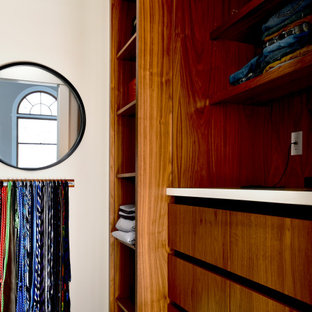 Idéer för ett mellanstort modernt walk-in-closet för män, med släta luckor, bruna skåp, heltäckningsmatta och grönt golv