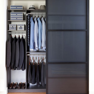 Inspiration for a mid-sized contemporary gender-neutral light wood floor reach-in closet remodel in New York with gray cabinets