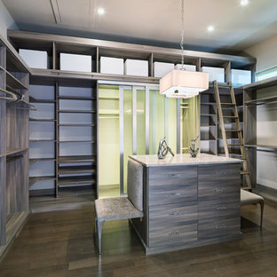 Foto de armario vestidor unisex, moderno, de tamaño medio, con armarios con paneles lisos, puertas de armario de madera en tonos medios y suelo de madera en tonos medios