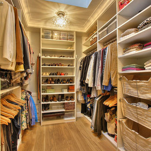 Example of a mid-sized transitional gender-neutral medium tone wood floor walk-in closet design in San Francisco with open cabinets and white cabinets