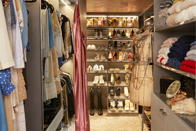 Inspiration for a mid-sized eclectic gender-neutral carpeted and beige floor walk-in closet remodel in New York with flat-panel cabinets