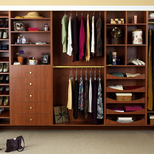 Immagine di un piccolo armadio o armadio a muro unisex chic con ante in legno scuro, moquette, ante lisce e pavimento beige