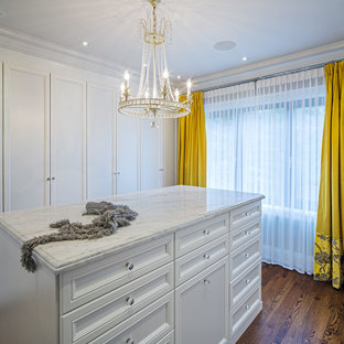 Esempio di armadi e cabine armadio per donna chic con parquet scuro e pavimento marrone