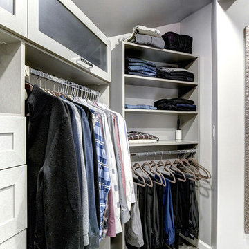 Uniquely Structured Walk-In Closet With Open Shelves