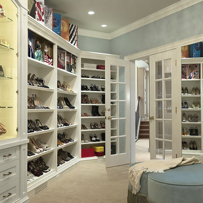 Dressing room - contemporary women's carpeted dressing room idea in Minneapolis with open cabinets and white cabinets