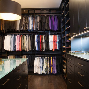 Foto di una grande cabina armadio unisex moderna con ante lisce, ante nere, parquet scuro e pavimento marrone