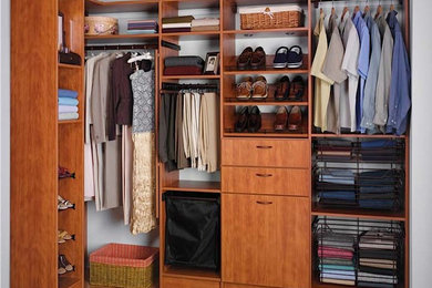 Modelo de armario vestidor unisex tradicional de tamaño medio con armarios con paneles lisos, puertas de armario de madera oscura, suelo de madera en tonos medios y suelo marrón
