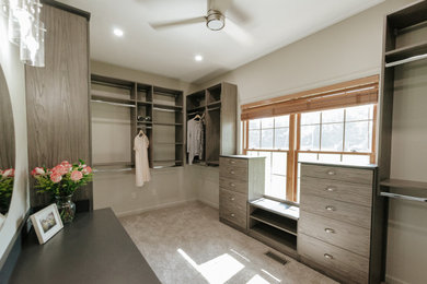 Walk-in closet - mid-sized gender-neutral carpeted and beige floor walk-in closet idea with flat-panel cabinets and gray cabinets