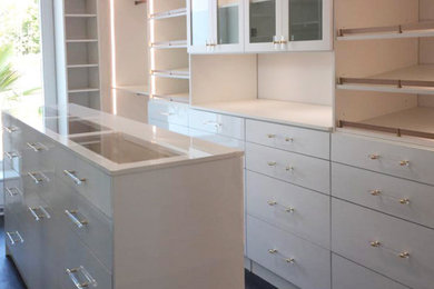 Inspiration for a large modern women's vinyl floor and brown floor walk-in closet remodel in Austin with glass-front cabinets and white cabinets