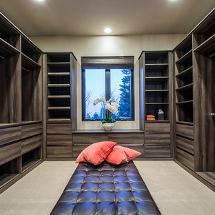 Réalisation d'un grand dressing tradition neutre avec un placard à porte plane, des portes de placard en bois brun et moquette.