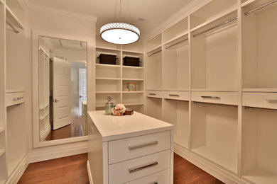 Inspiration for a medium sized contemporary gender neutral walk-in wardrobe in Toronto with flat-panel cabinets, white cabinets, medium hardwood flooring and brown floors.