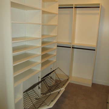 Walk-in Closet, simple, practical, inexpensive w/double hanging, shelves, hamper