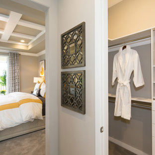 Gender-neutral carpeted walk-in closet photo in Orange County with flat-panel cabinets and white cabinets