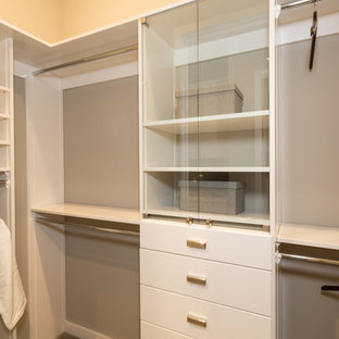 Example of a gender-neutral carpeted walk-in closet design in Orange County with flat-panel cabinets and white cabinets