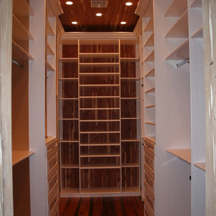 Imagen de armario vestidor unisex, minimalista, grande, con armarios abiertos, puertas de armario blancas y suelo de madera oscura