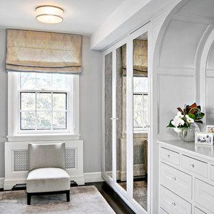Example of a large classic women's dark wood floor walk-in closet design in New York with gray cabinets and glass-front cabinets