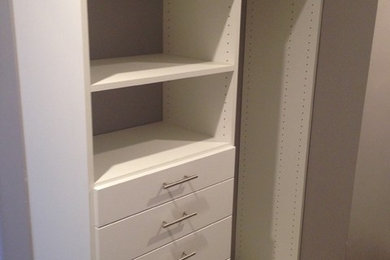 Mid-sized transitional women's dark wood floor walk-in closet photo in Los Angeles with flat-panel cabinets and white cabinets