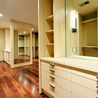 Esempio di un'ampia cabina armadio unisex chic con ante lisce, ante beige e pavimento in legno massello medio