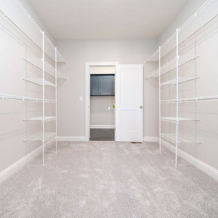 Idéer för ett industriellt walk-in-closet för könsneutrala, med heltäckningsmatta och beiget golv