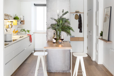 Идея дизайна: маленькая, узкая прямая кухня в скандинавском стиле с обеденным столом, врезной мойкой, плоскими фасадами, белыми фасадами, паркетным полом среднего тона, полуостровом и белым фартуком для на участке и в саду