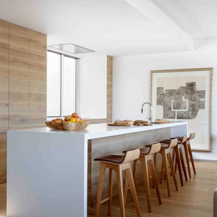 Modelo de cocina de galera, actual, abierta, con armarios con paneles lisos, puertas de armario de madera oscura, salpicadero de vidrio, electrodomésticos con paneles, una isla, suelo beige y encimeras blancas