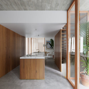 Imagen de cocina lineal, urbana, grande, abierta, con fregadero bajoencimera, armarios con paneles con relieve, puertas de armario de madera oscura, encimera de mármol, electrodomésticos con paneles, suelo de cemento, una isla, suelo gris y encimeras blancas