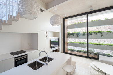 Foto de cocina contemporánea grande abierta con armarios con paneles lisos, puertas de armario blancas y una isla