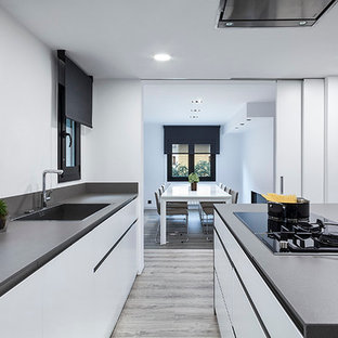 Imagen de cocina actual, cerrada, con armarios con paneles lisos, puertas de armario blancas y una isla