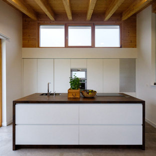 Modelo de cocina actual con fregadero bajoencimera, armarios con paneles lisos, puertas de armario blancas, encimera de madera, electrodomésticos de acero inoxidable, suelo de cemento, una isla y suelo gris