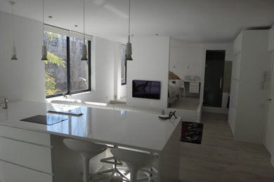 Foto de cocina lineal escandinava de tamaño medio abierta con armarios con paneles lisos, puertas de armario blancas, suelo de madera clara y una isla