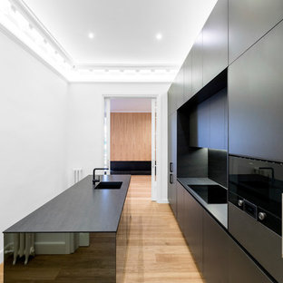 Modelo de cocina lineal, minimalista, con armarios con paneles lisos, puertas de armario negras, electrodomésticos negros, fregadero de un seno, salpicadero negro, suelo de madera clara, una isla y encimeras negras