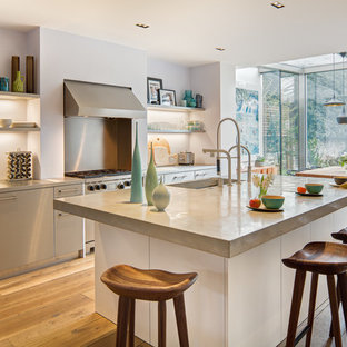 Idee per una grande cucina minimal con nessun'anta, ante in acciaio inossidabile e pavimento in legno massello medio