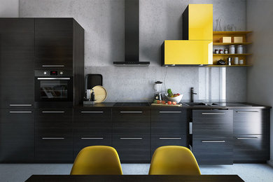 Diseño de cocina comedor lineal actual de tamaño medio sin isla con armarios con paneles lisos y puertas de armario negras