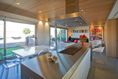 Идея дизайна: прямая кухня-гостиная среднего размера в современном стиле с плоскими фасадами, белыми фасадами, столешницей из нержавеющей стали, бетонным полом и островом