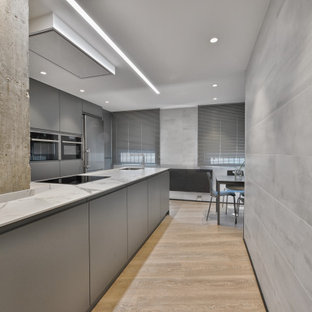 Design ideas for a mid-sized industrial galley open plan kitchen in Madrid with an undermount sink, flat-panel cabinets, grey cabinets, limestone benchtops, stainless steel appliances, laminate floors, a peninsula, beige floor and white benchtop.