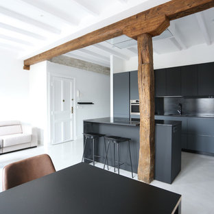 Diseño de cocina de galera, minimalista, abierta, con fregadero bajoencimera, armarios con paneles lisos, puertas de armario grises, electrodomésticos de acero inoxidable, suelo de cemento, una isla, suelo gris y encimeras negras